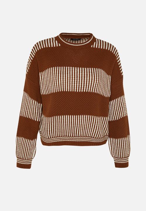 Trendyol - Wide Pattern Striped Knitted Sweater - Brown 