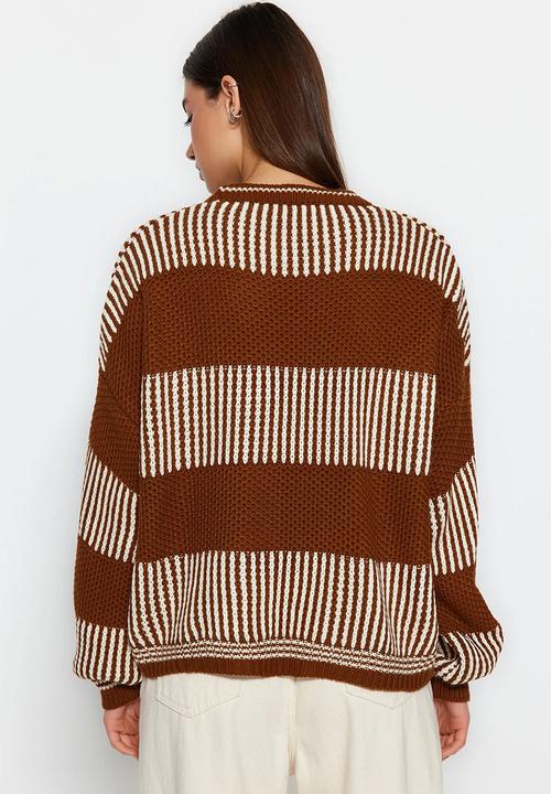 Trendyol - Wide Pattern Striped Knitted Sweater - Brown 