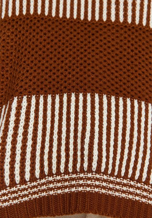 Trendyol - Wide Pattern Striped Knitted Sweater - Brown 