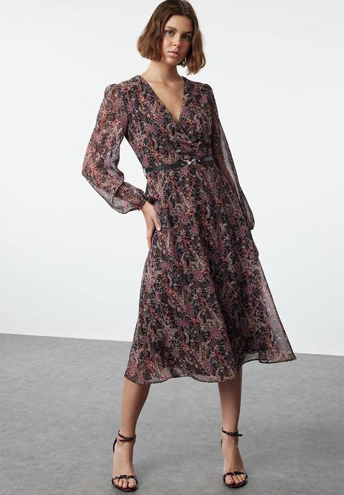 Trendyol - Brown Floral Belted A-Line Midi Double Breasted Collar Chiffon Woven Dress