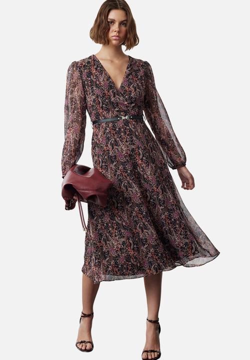 Trendyol - Brown Floral Belted A-Line Midi Double Breasted Collar Chiffon Woven Dress