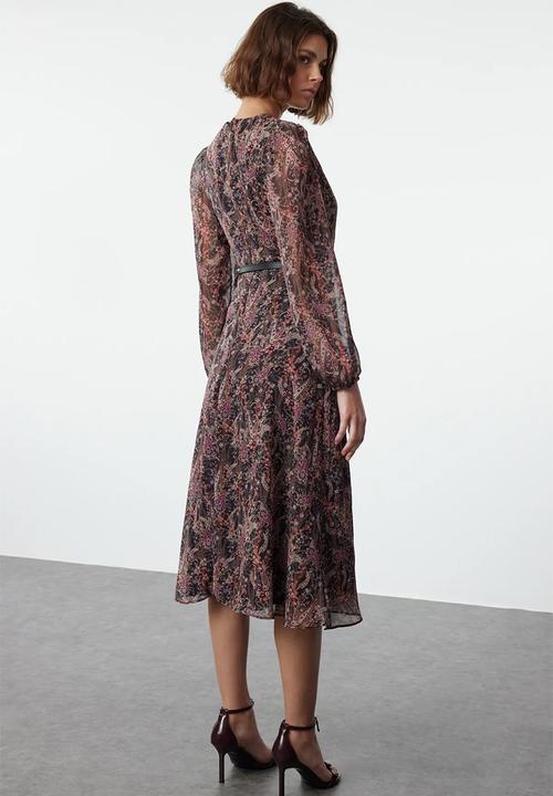 Trendyol - Brown Floral Belted A-Line Midi Double Breasted Collar Chiffon Woven Dress