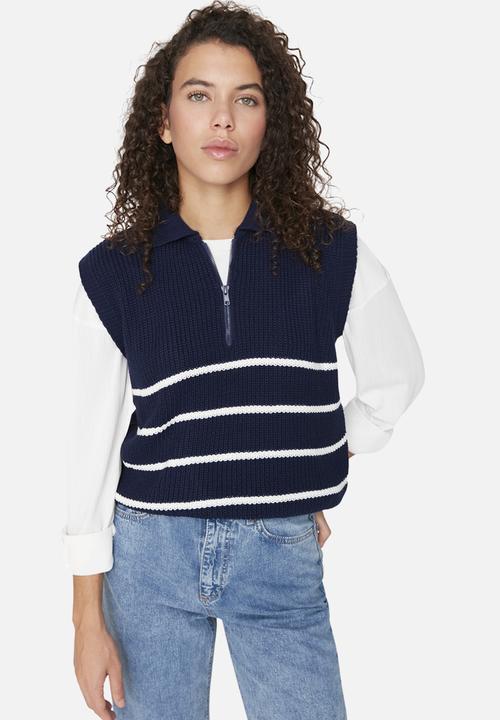 Trendyol - Zippered striped polo neck knit sweater - navy blue 