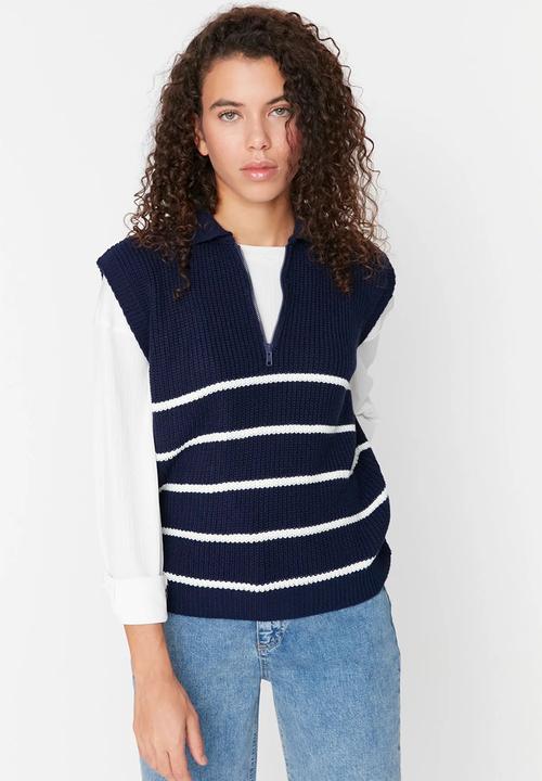 Trendyol - Zippered striped polo neck knit sweater - navy blue 