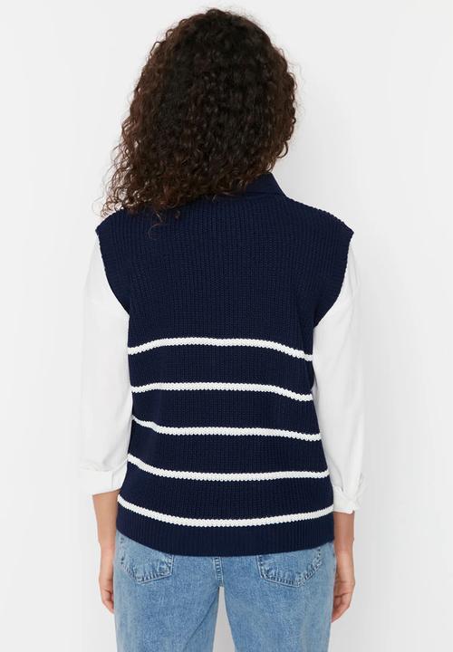 Trendyol - Zippered striped polo neck knit sweater - navy blue 