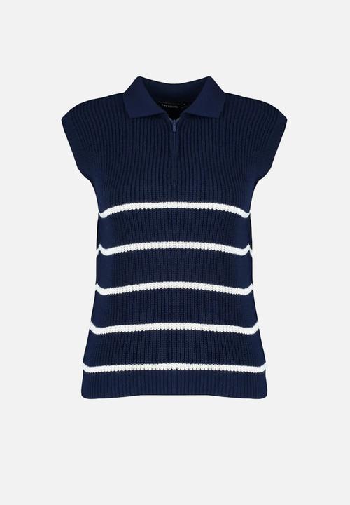 Trendyol - Zippered striped polo neck knit sweater - navy blue 
