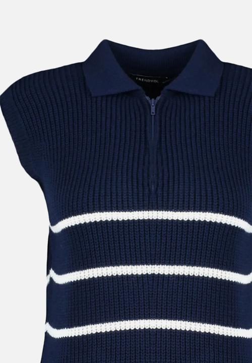 Trendyol - Zippered striped polo neck knit sweater - navy blue 