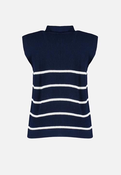 Trendyol - Zippered striped polo neck knit sweater - navy blue 