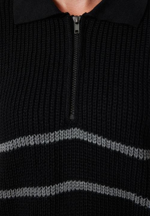 Trendyol - Zippered striped polo neck knit sweater - black