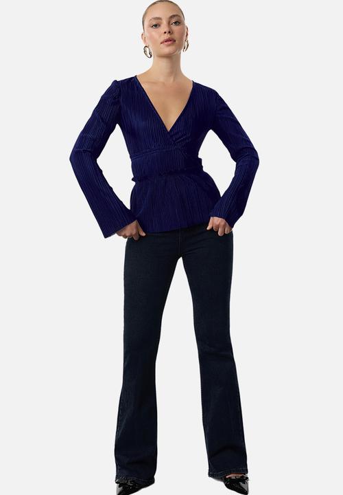 Trendyol - Pleat detailed double breasted ruffle v neck blouse - navy
