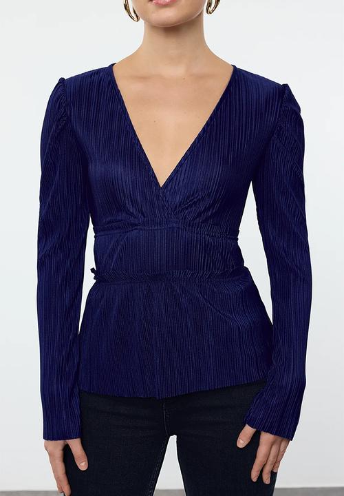 Trendyol - Pleat detailed double breasted ruffle v neck blouse - navy