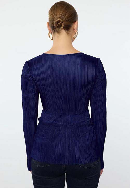 Trendyol - Pleat detailed double breasted ruffle v neck blouse - navy