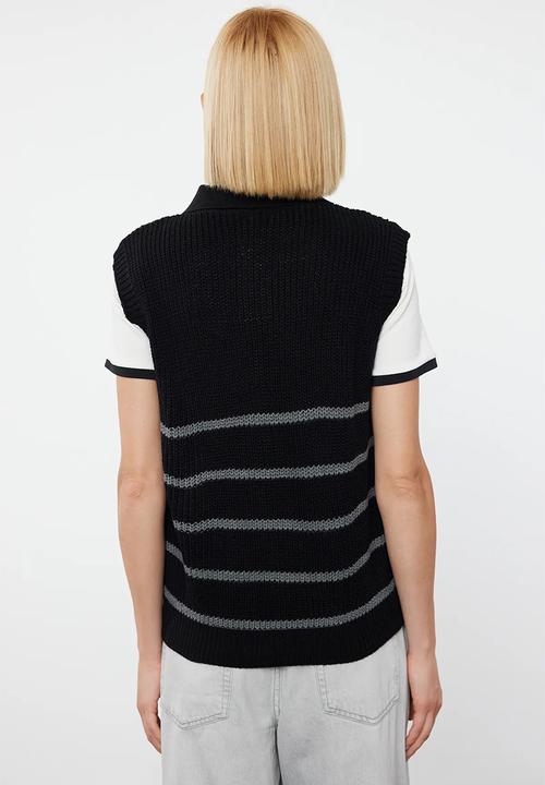Trendyol - Zippered striped polo neck knit sweater - black