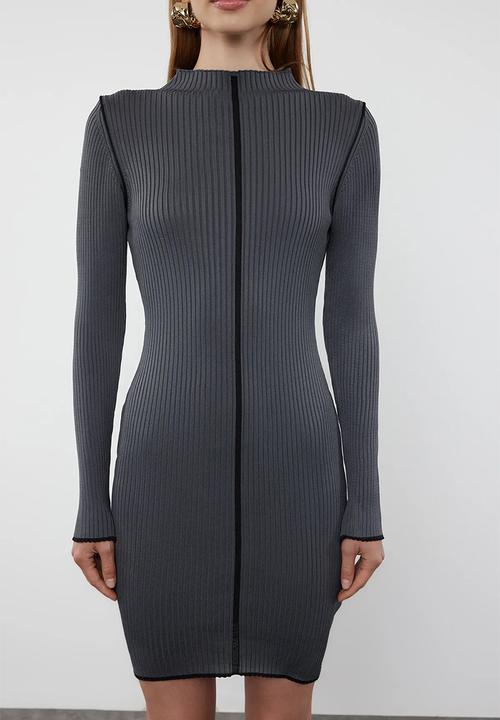 Trendyol - Mini Knitwear Contrast Color Dress - Grey