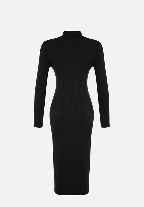 Trendyol - Ribbed Deep Slit Detailed Fitted Midi Stretchy Knitted Dress - Black