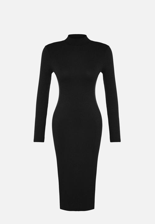 Trendyol - Ribbed Deep Slit Detailed Fitted Midi Stretchy Knitted Dress - Black