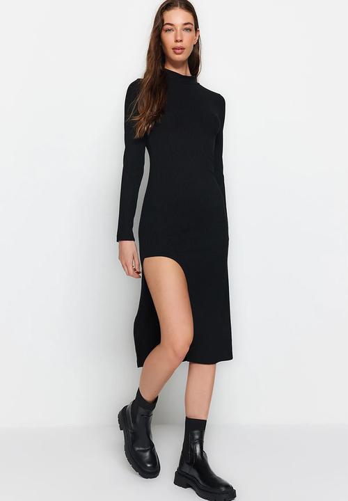 Trendyol - Ribbed Deep Slit Detailed Fitted Midi Stretchy Knitted Dress - Black