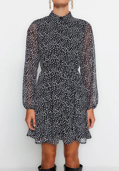 Trendyol - Belted Polka Dot Mini Lined Chiffon Winter Shirt Dress - Black