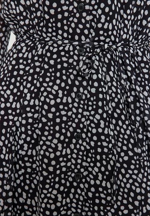 Trendyol - Belted Polka Dot Mini Lined Chiffon Winter Shirt Dress - Black