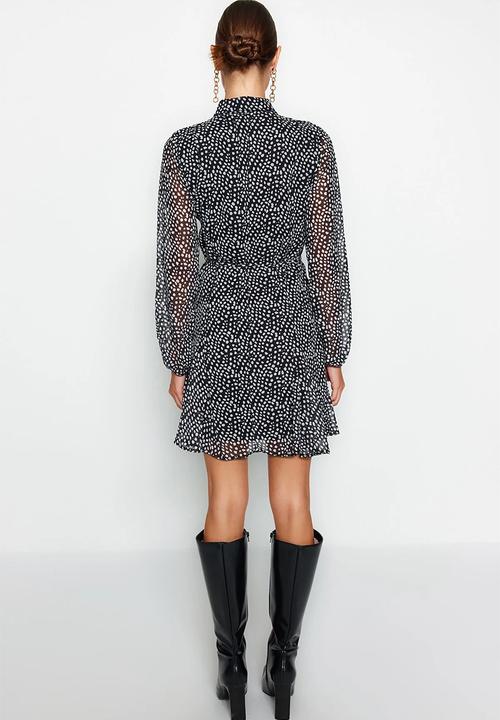 Trendyol - Belted Polka Dot Mini Lined Chiffon Winter Shirt Dress - Black