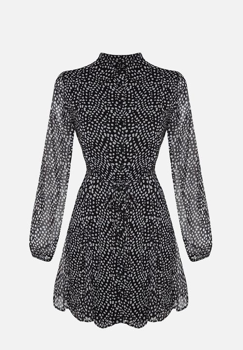 Trendyol - Belted Polka Dot Mini Lined Chiffon Winter Shirt Dress - Black