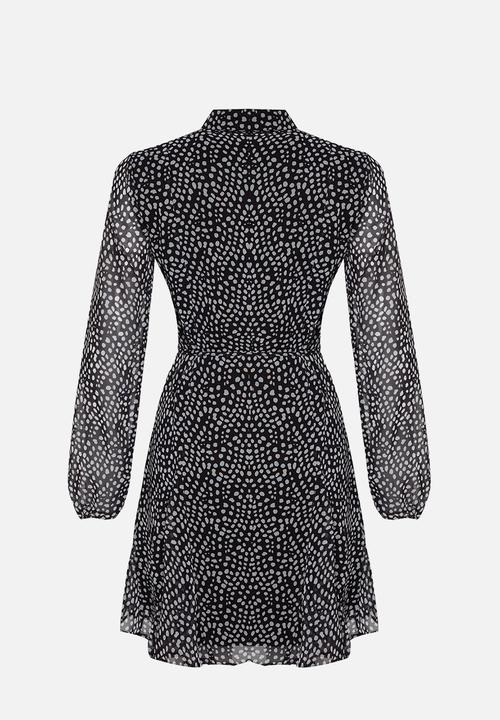 Trendyol - Belted Polka Dot Mini Lined Chiffon Winter Shirt Dress - Black