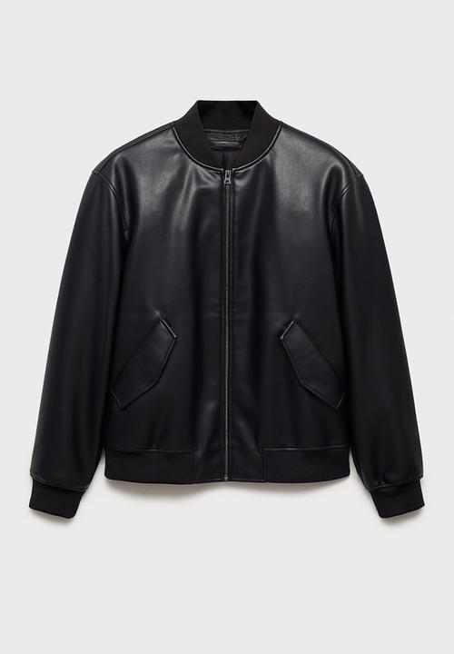 MANGO - Pla Leather-effect bomber jacket - Black