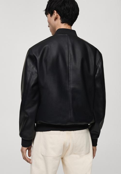 MANGO - Pla Leather-effect bomber jacket - Black