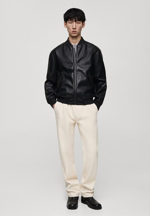 MANGO - Pla Leather-effect bomber jacket - Black
