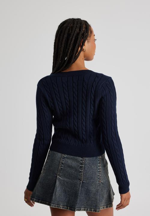 Factorie - Lena Cable Knit V Neck Sweater - Navy Blazer/Cherry