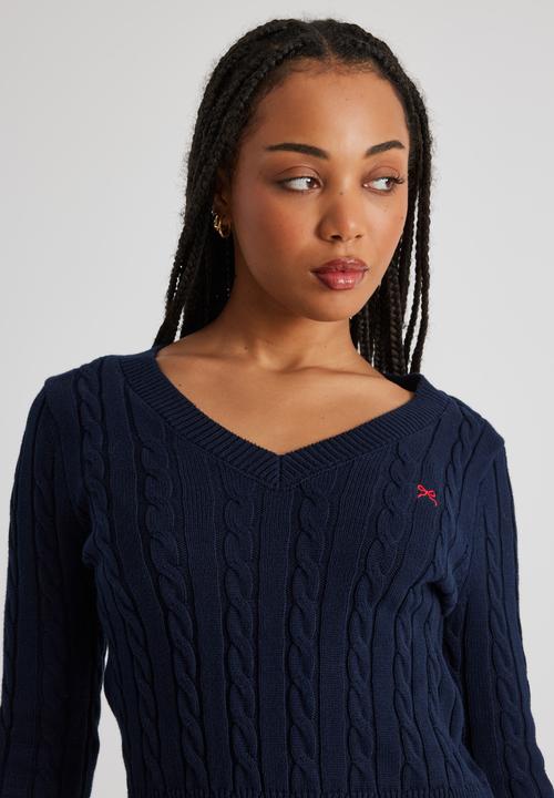 Factorie - Lena Cable Knit V Neck Sweater - Navy Blazer/Cherry