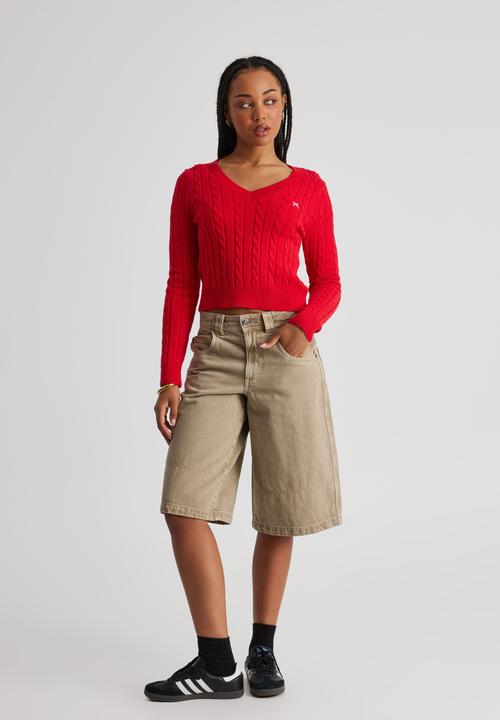 Factorie - Lena Cable Knit V Neck Sweater - Postbox Red/Cherrry