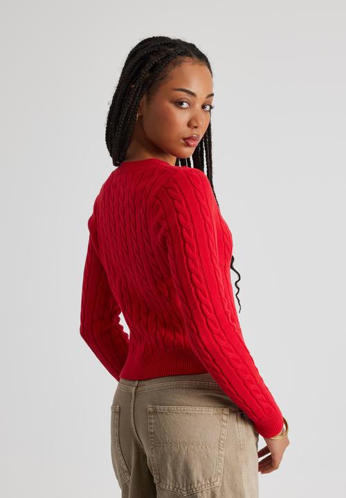 Factorie - Lena Cable Knit V Neck Sweater - Postbox Red/Cherrry