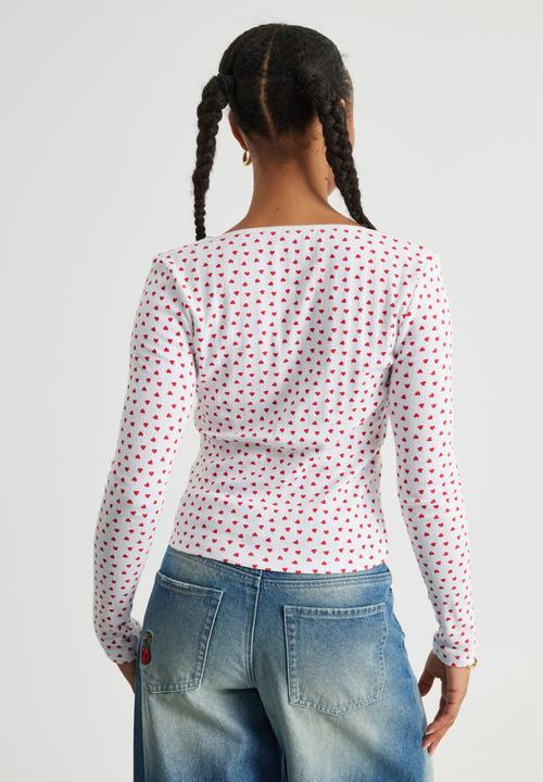 Factorie - Ava Pointelle Long Sleeve Top - White/Hearts