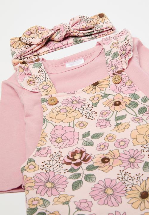 Pop Candy - Floral dungaree/ bodyvest and headband set-multi