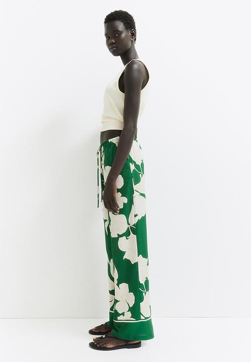 H&M - Wide pull-on trousers - green & cream floral