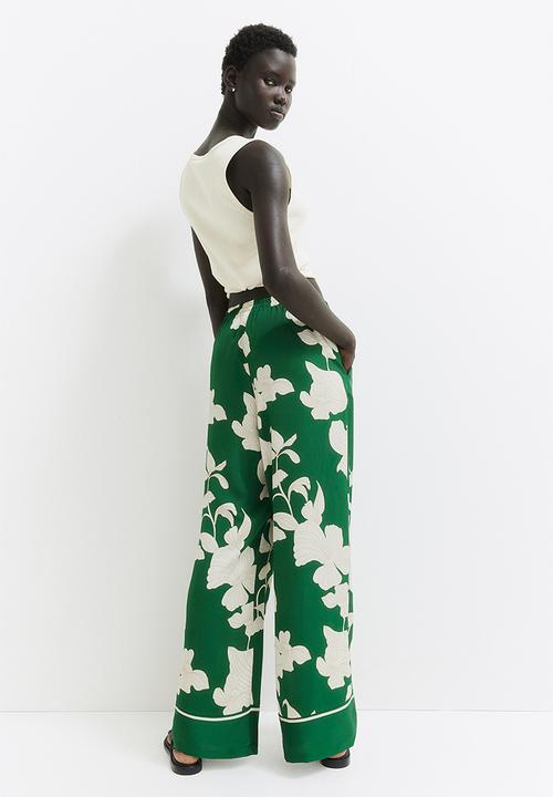 H&M - Wide pull-on trousers - green & cream floral