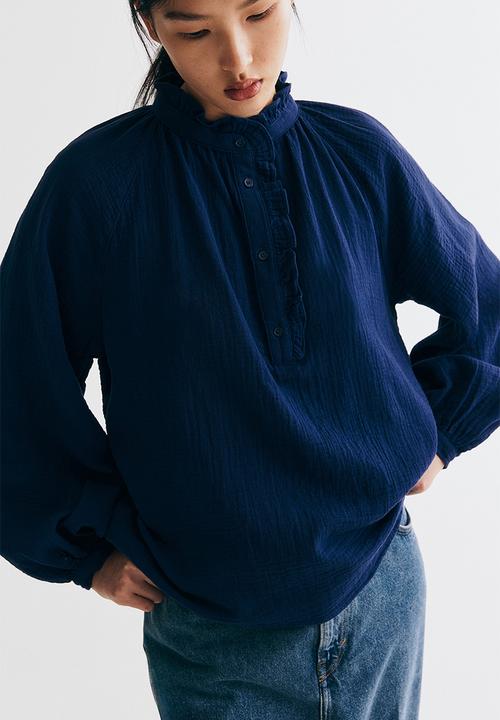 H&M - Frill-trimmed muslin blouse - dark blue
