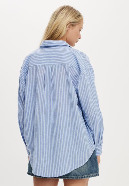Cotton On - Haven Long Sleeve Shirt - Blue Stripe Texture