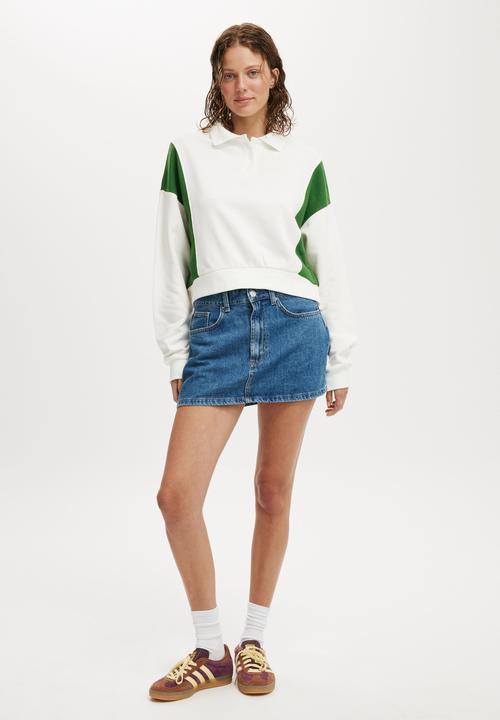 Cotton On - Classic Fleece Button Up Sweatshirt - White & Emerald Green
