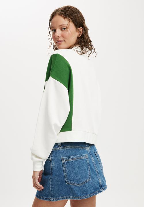 Cotton On - Classic Fleece Button Up Sweatshirt - White & Emerald Green
