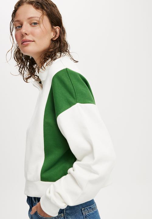 Cotton On - Classic Fleece Button Up Sweatshirt - White & Emerald Green