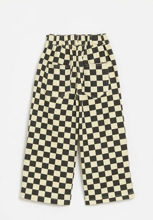 Pop Candy - Wide leg checker board pants-black & ecru