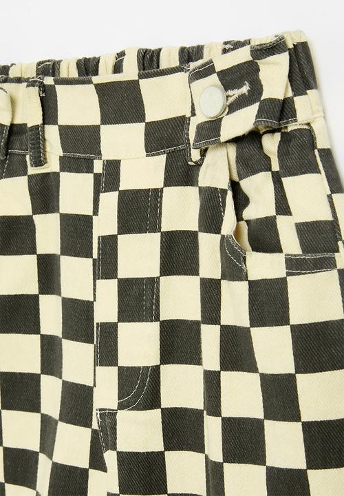 Pop Candy - Wide leg checker board pants-black & ecru