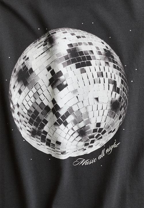 H&M - Oversized print-motif T-shirt - Dark grey/Disco ball