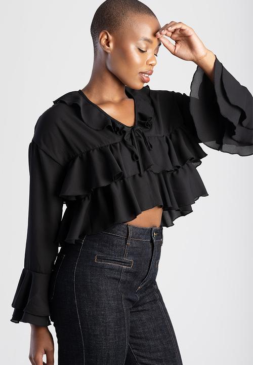 SISSY BOY - NEED TO KNOW: Cropped Longsleeve Blouse With Ruffles - Black
