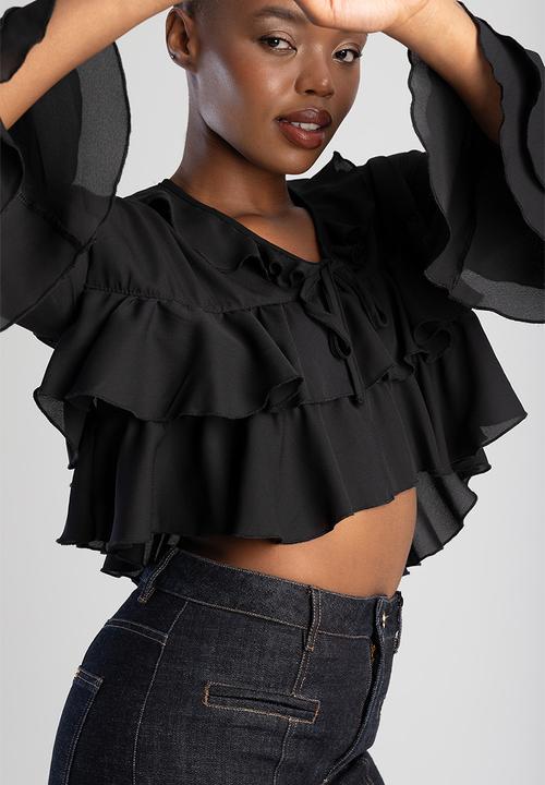 SISSY BOY - NEED TO KNOW: Cropped Longsleeve Blouse With Ruffles - Black