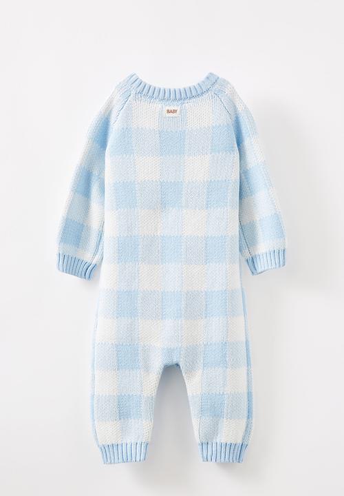 Cotton On - Organic knit long sleeve romper - white water blue/buffalo check
