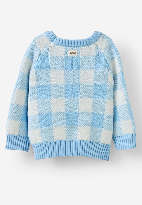 Cotton On - Organic raglan knit sweater - white water blue/buffalo check
