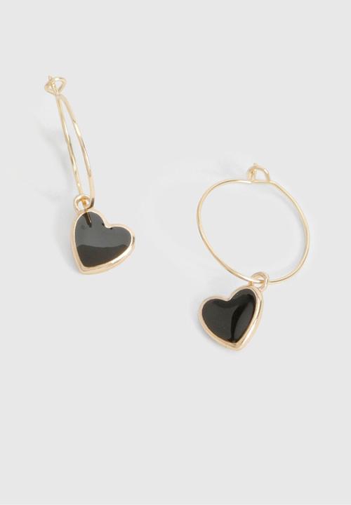 boohoo - Black heart drop earrings - gold